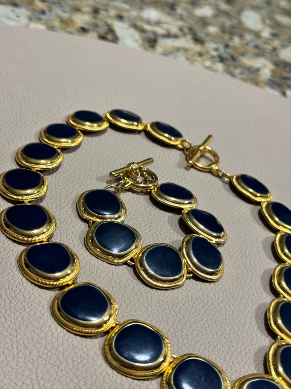 Gold-Tone Necklace with Navy Enamel Medallions